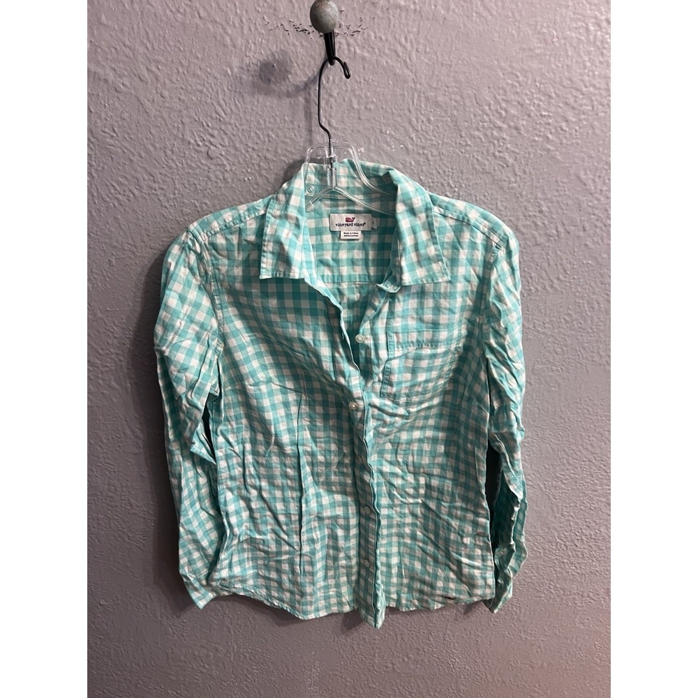 Vineyard Vines Women's Button Up  Shirt Size 4 Teal & White Plaid - Picture 2 of 6